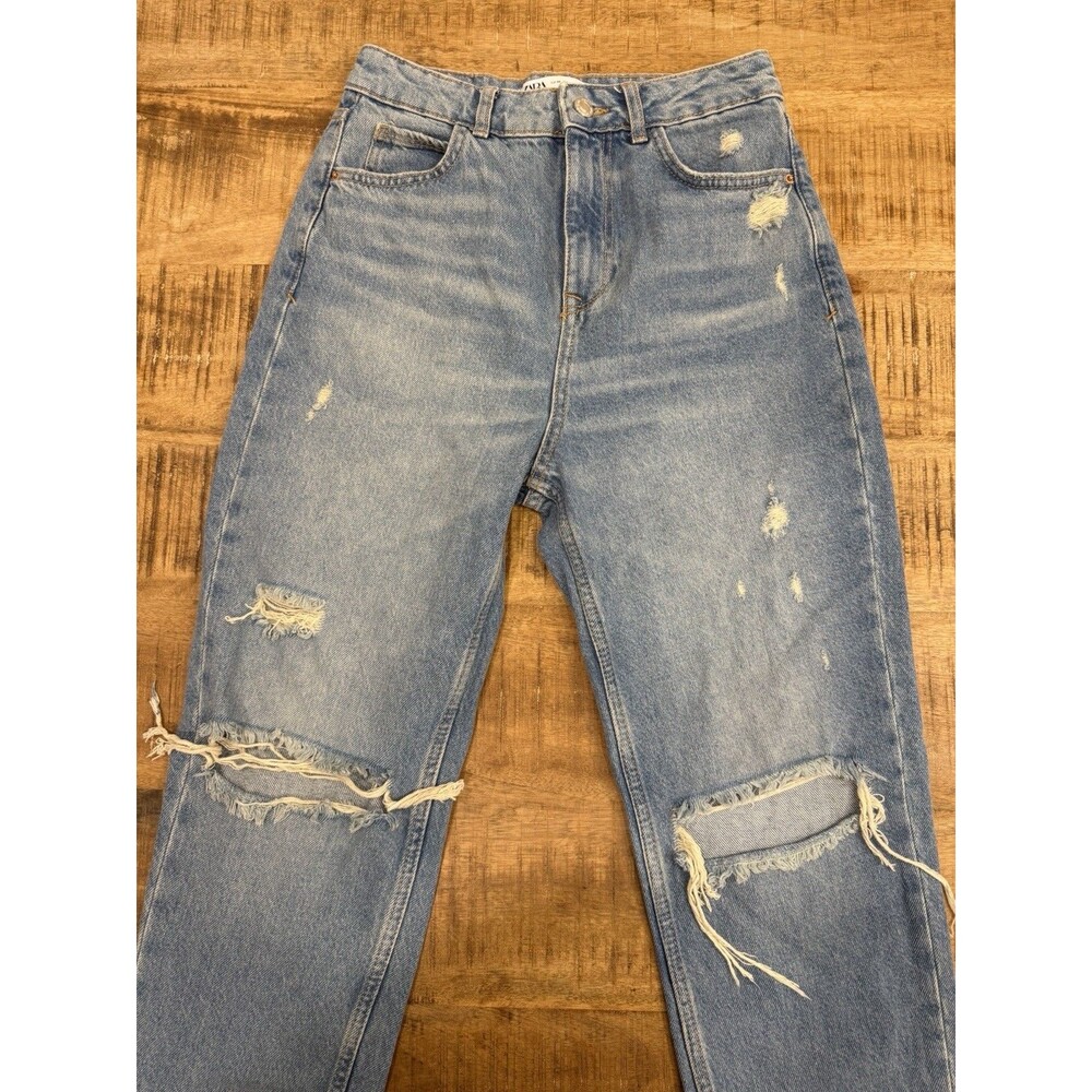 Zara Distressed High-Waisted Straight-Leg Jeans Blue‎ Denim Womens Size 4